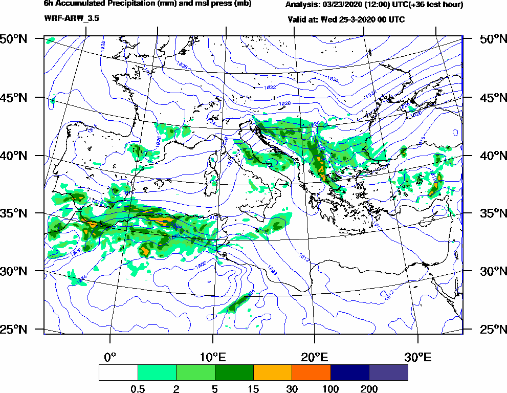 6h Accumulated Precipitation (mm) and msl press (mb) - 2020-03-24 18:00