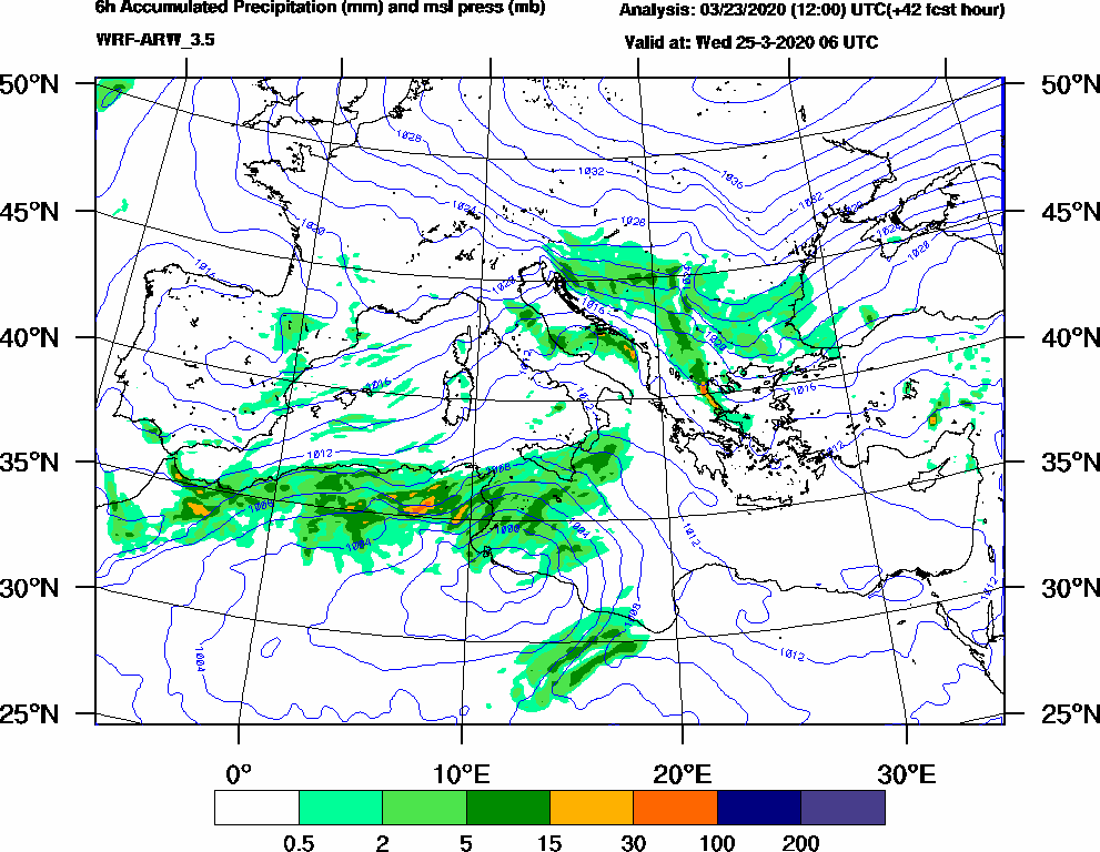 6h Accumulated Precipitation (mm) and msl press (mb) - 2020-03-25 00:00