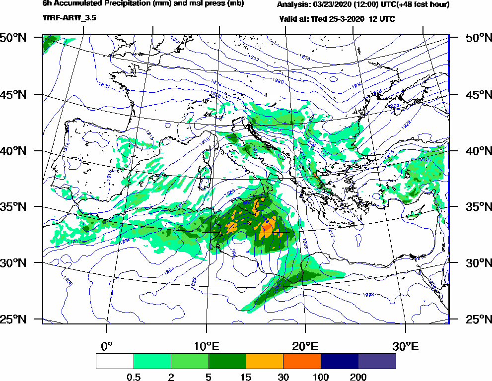 6h Accumulated Precipitation (mm) and msl press (mb) - 2020-03-25 06:00