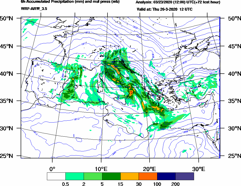 6h Accumulated Precipitation (mm) and msl press (mb) - 2020-03-26 06:00