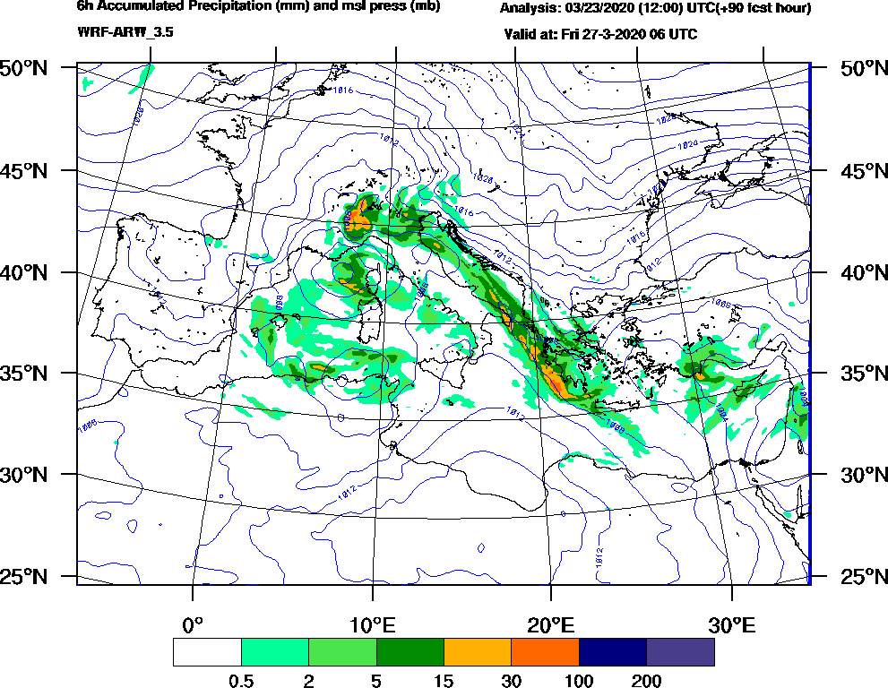 6h Accumulated Precipitation (mm) and msl press (mb) - 2020-03-27 00:00