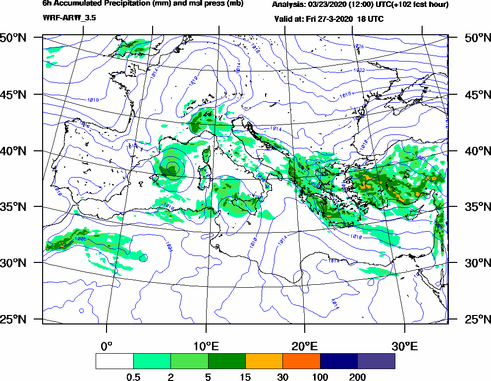 6h Accumulated Precipitation (mm) and msl press (mb) - 2020-03-27 12:00