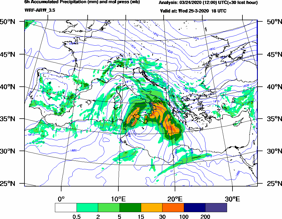 6h Accumulated Precipitation (mm) and msl press (mb) - 2020-03-25 12:00