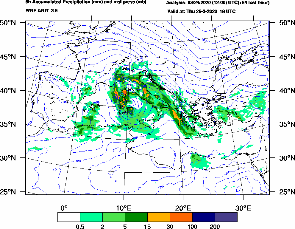 6h Accumulated Precipitation (mm) and msl press (mb) - 2020-03-26 12:00