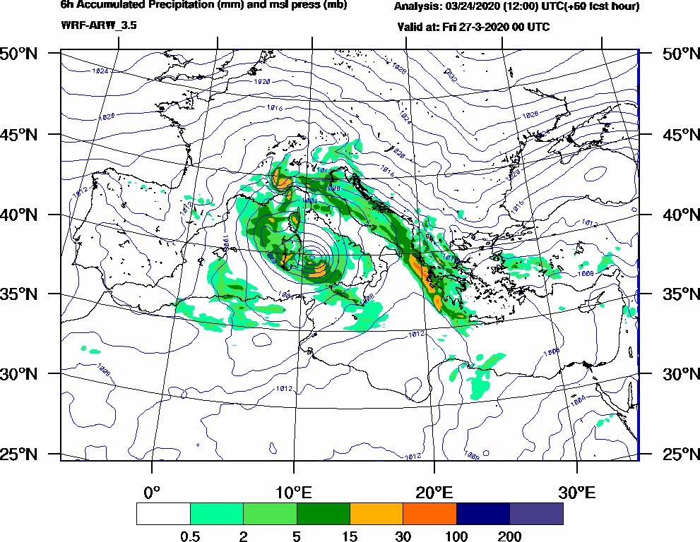 6h Accumulated Precipitation (mm) and msl press (mb) - 2020-03-26 18:00