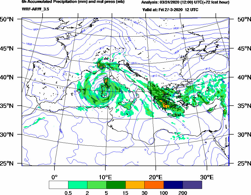 6h Accumulated Precipitation (mm) and msl press (mb) - 2020-03-27 06:00