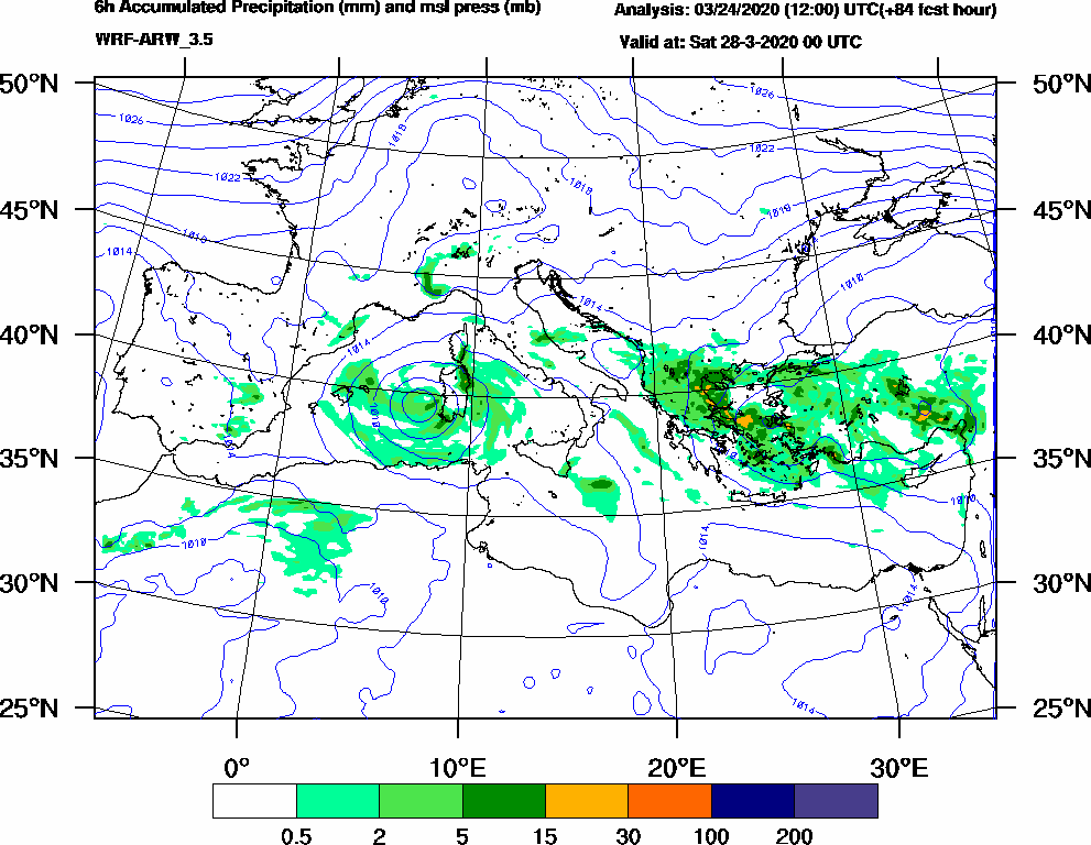 6h Accumulated Precipitation (mm) and msl press (mb) - 2020-03-27 18:00