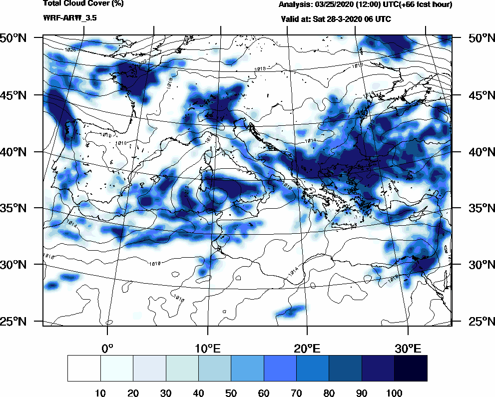Total cloud cover (%) - 2020-03-28 00:00