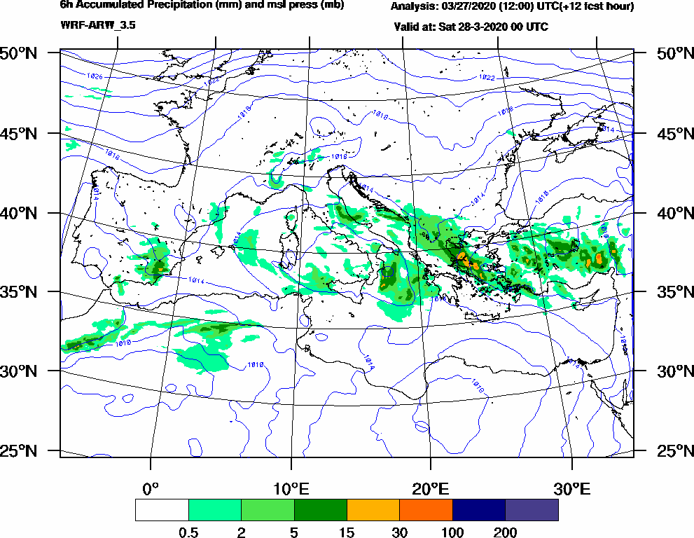 6h Accumulated Precipitation (mm) and msl press (mb) - 2020-03-27 18:00