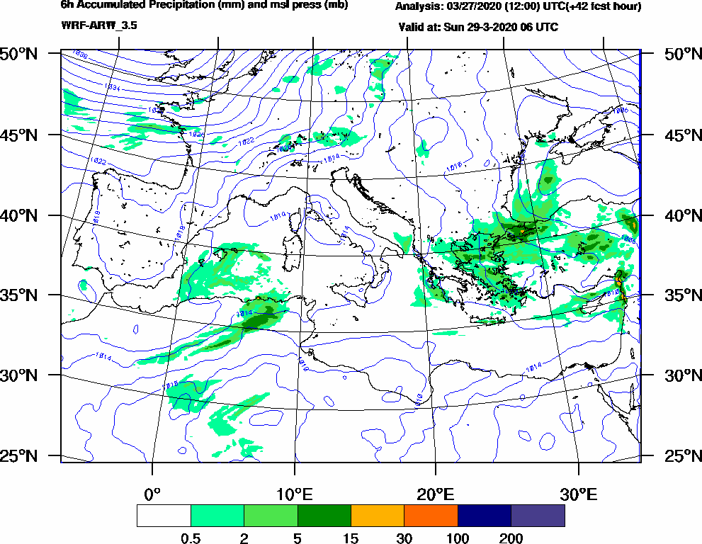 6h Accumulated Precipitation (mm) and msl press (mb) - 2020-03-29 00:00