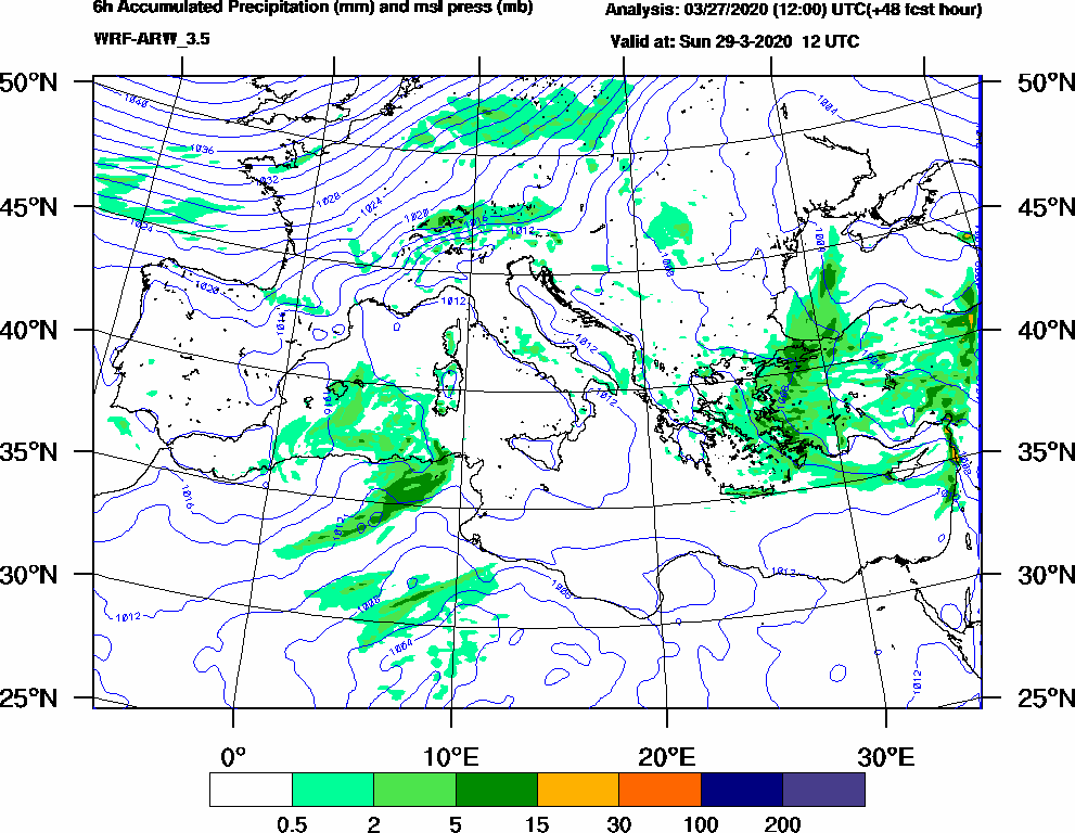 6h Accumulated Precipitation (mm) and msl press (mb) - 2020-03-29 06:00