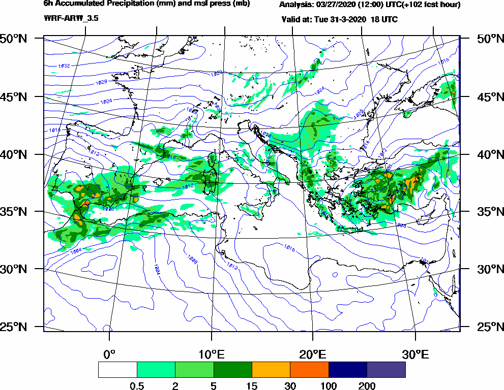 6h Accumulated Precipitation (mm) and msl press (mb) - 2020-03-31 12:00