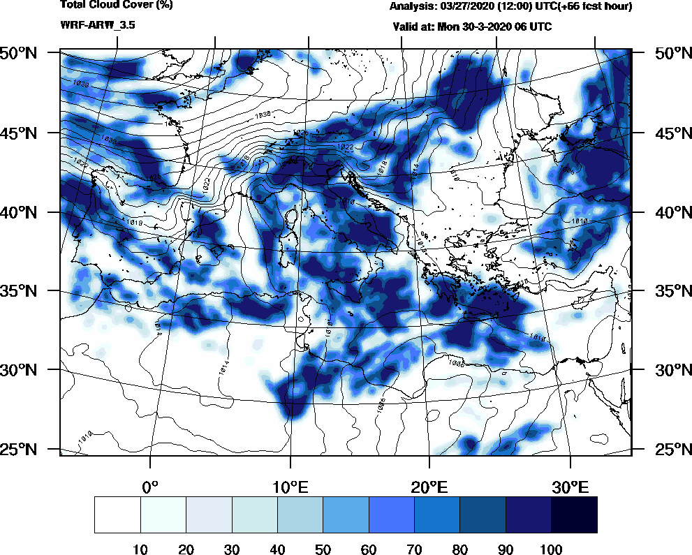 Total cloud cover (%) - 2020-03-30 00:00