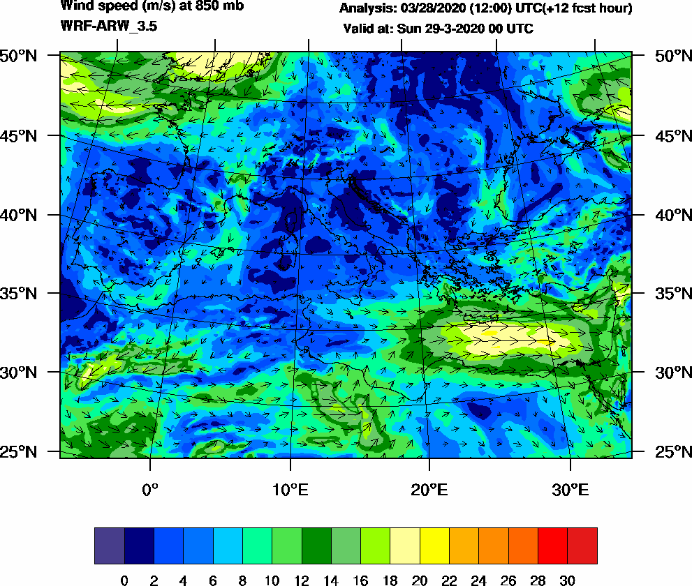Wind speed (m/s) at 850 mb - 2020-03-29 00:00