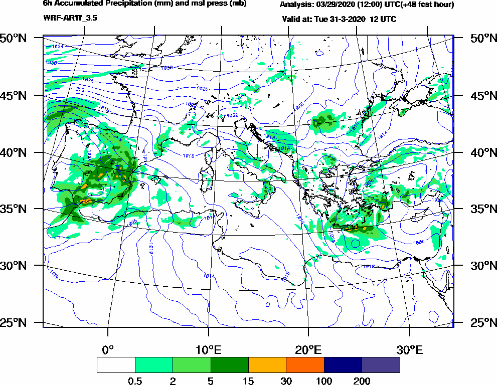 6h Accumulated Precipitation (mm) and msl press (mb) - 2020-03-31 06:00