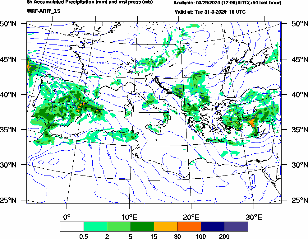 6h Accumulated Precipitation (mm) and msl press (mb) - 2020-03-31 12:00