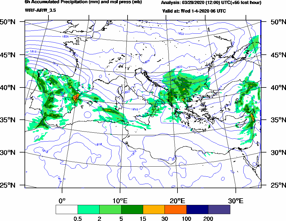 6h Accumulated Precipitation (mm) and msl press (mb) - 2020-04-01 00:00