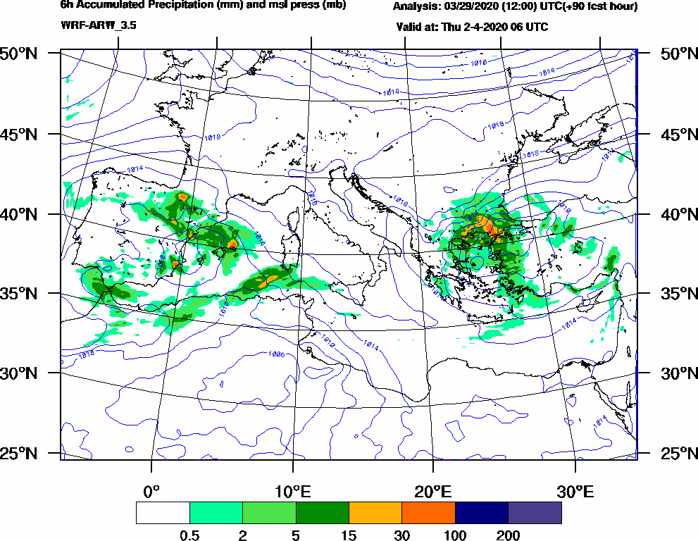 6h Accumulated Precipitation (mm) and msl press (mb) - 2020-04-02 00:00
