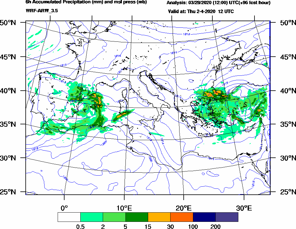 6h Accumulated Precipitation (mm) and msl press (mb) - 2020-04-02 06:00