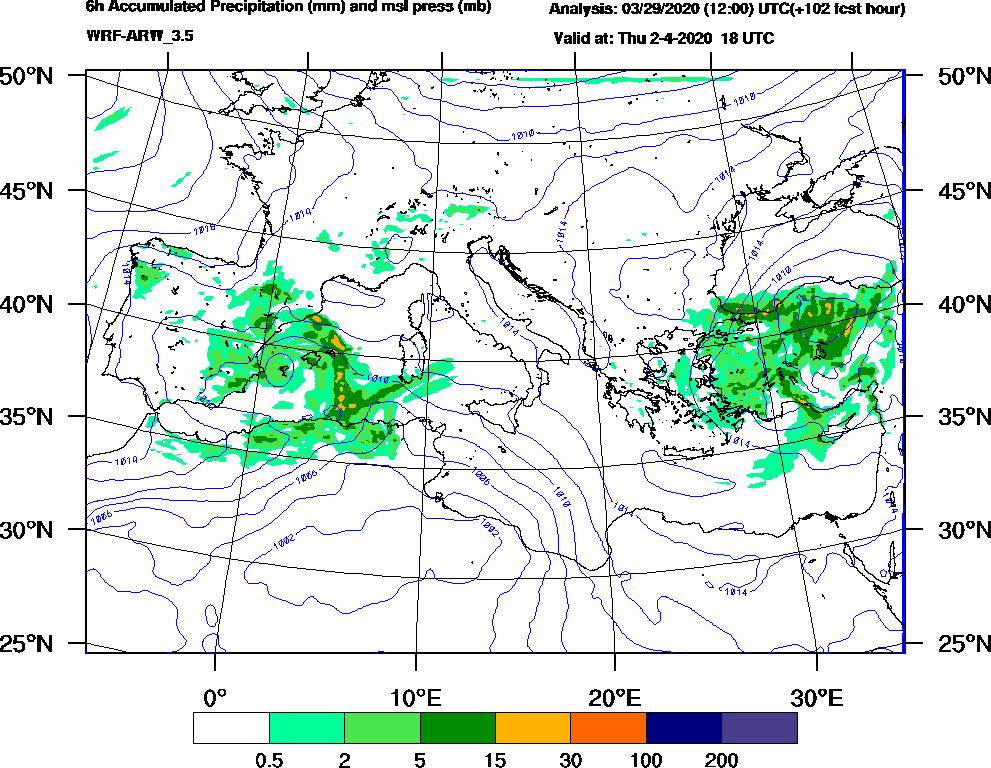 6h Accumulated Precipitation (mm) and msl press (mb) - 2020-04-02 12:00
