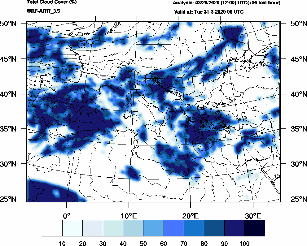 Total cloud cover (%) - 2020-03-30 18:00