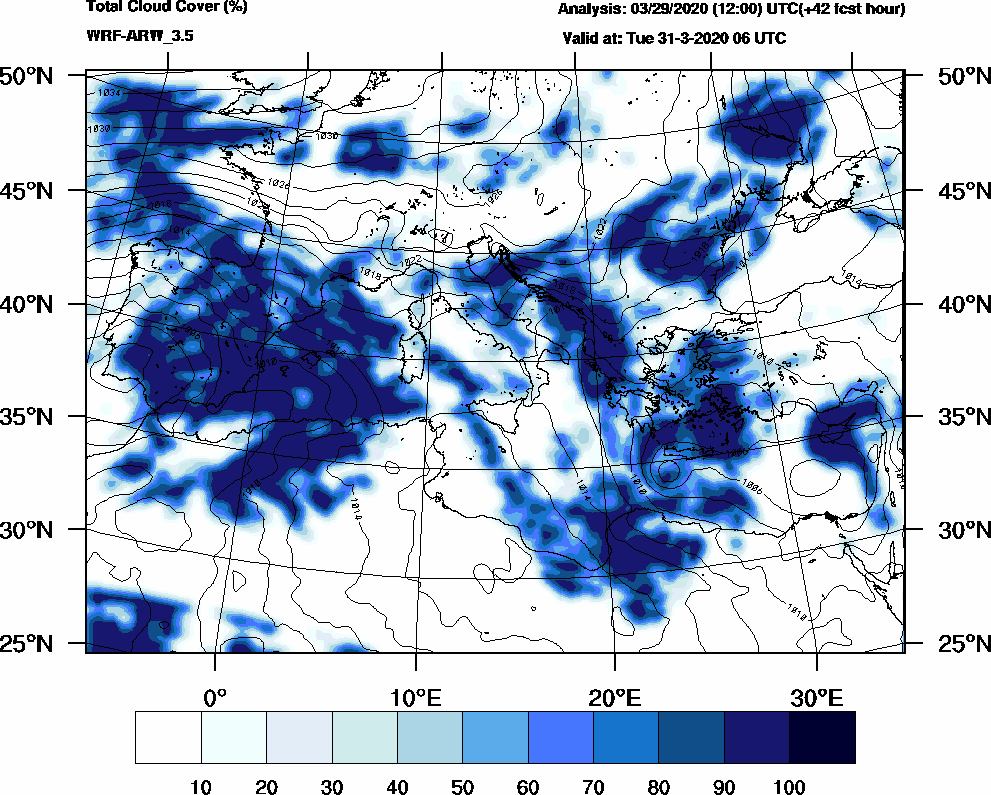 Total cloud cover (%) - 2020-03-31 00:00