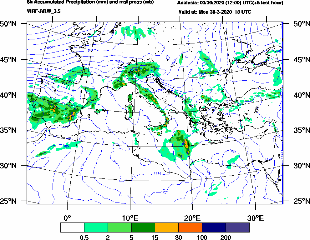6h Accumulated Precipitation (mm) and msl press (mb) - 2020-03-30 12:00