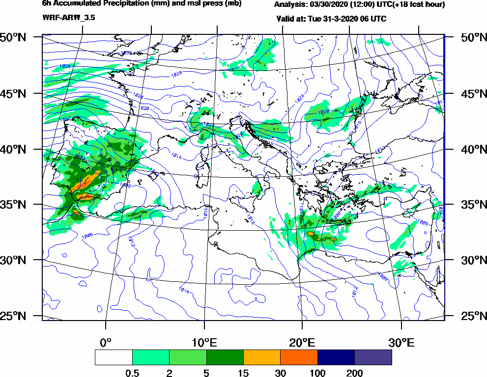6h Accumulated Precipitation (mm) and msl press (mb) - 2020-03-31 00:00