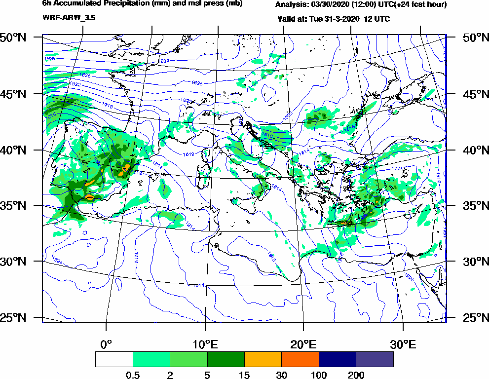 6h Accumulated Precipitation (mm) and msl press (mb) - 2020-03-31 06:00