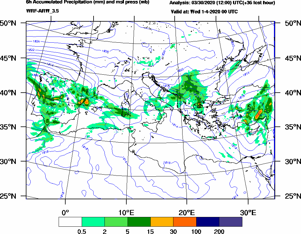 6h Accumulated Precipitation (mm) and msl press (mb) - 2020-03-31 18:00