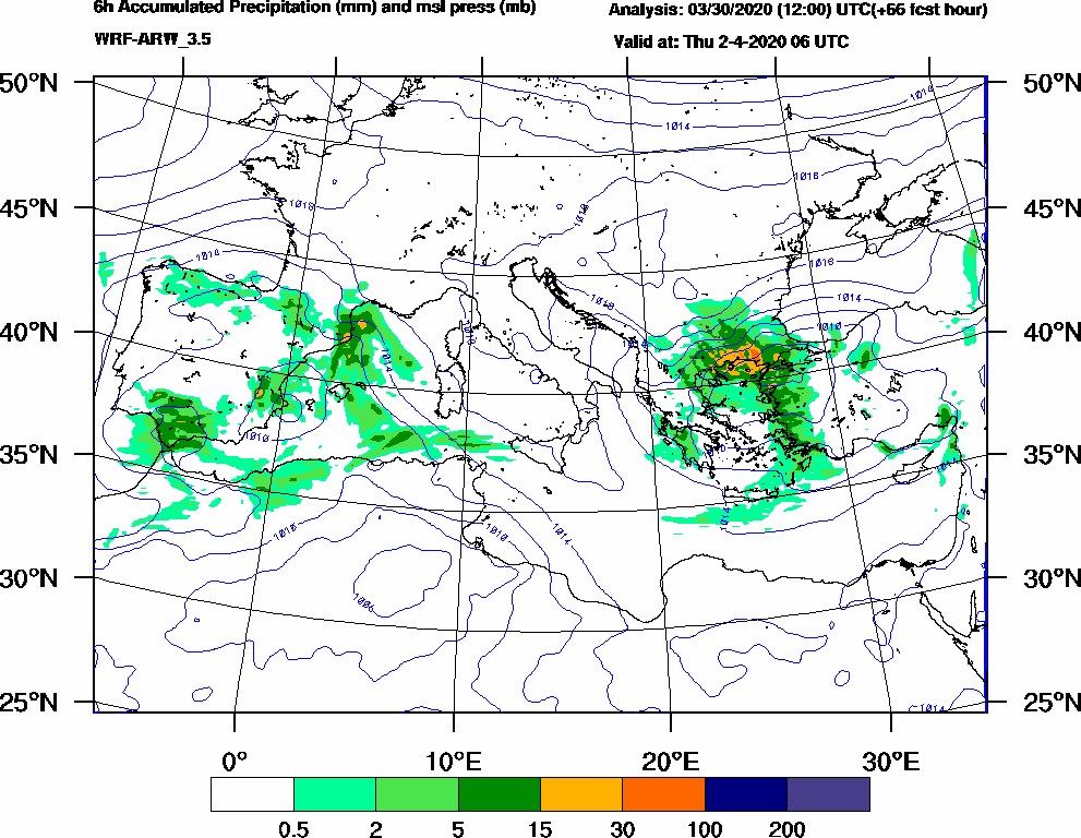 6h Accumulated Precipitation (mm) and msl press (mb) - 2020-04-02 00:00