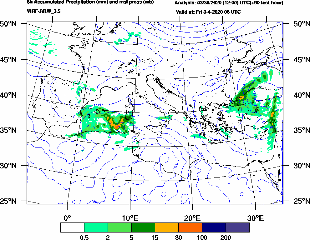 6h Accumulated Precipitation (mm) and msl press (mb) - 2020-04-03 00:00