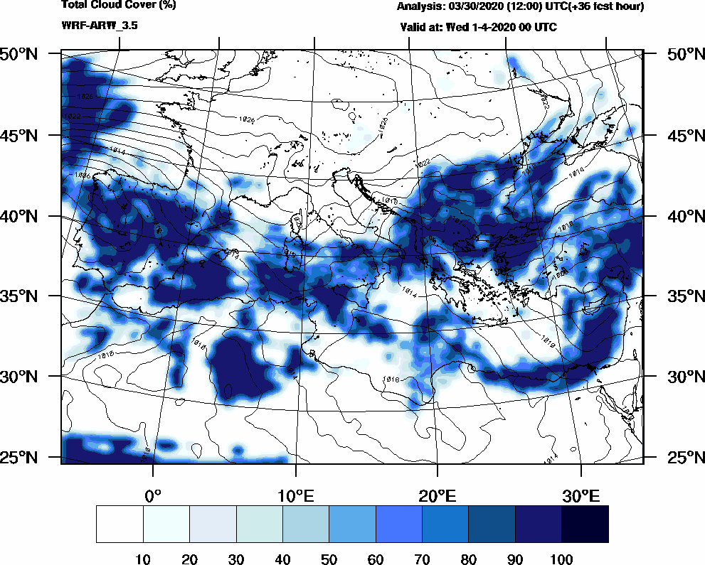 Total cloud cover (%) - 2020-03-31 18:00