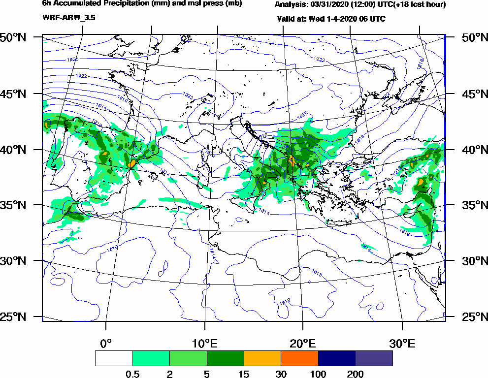 6h Accumulated Precipitation (mm) and msl press (mb) - 2020-04-01 00:00