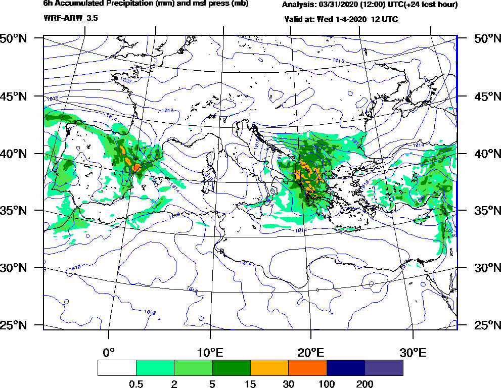 6h Accumulated Precipitation (mm) and msl press (mb) - 2020-04-01 06:00