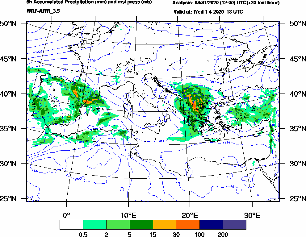 6h Accumulated Precipitation (mm) and msl press (mb) - 2020-04-01 12:00
