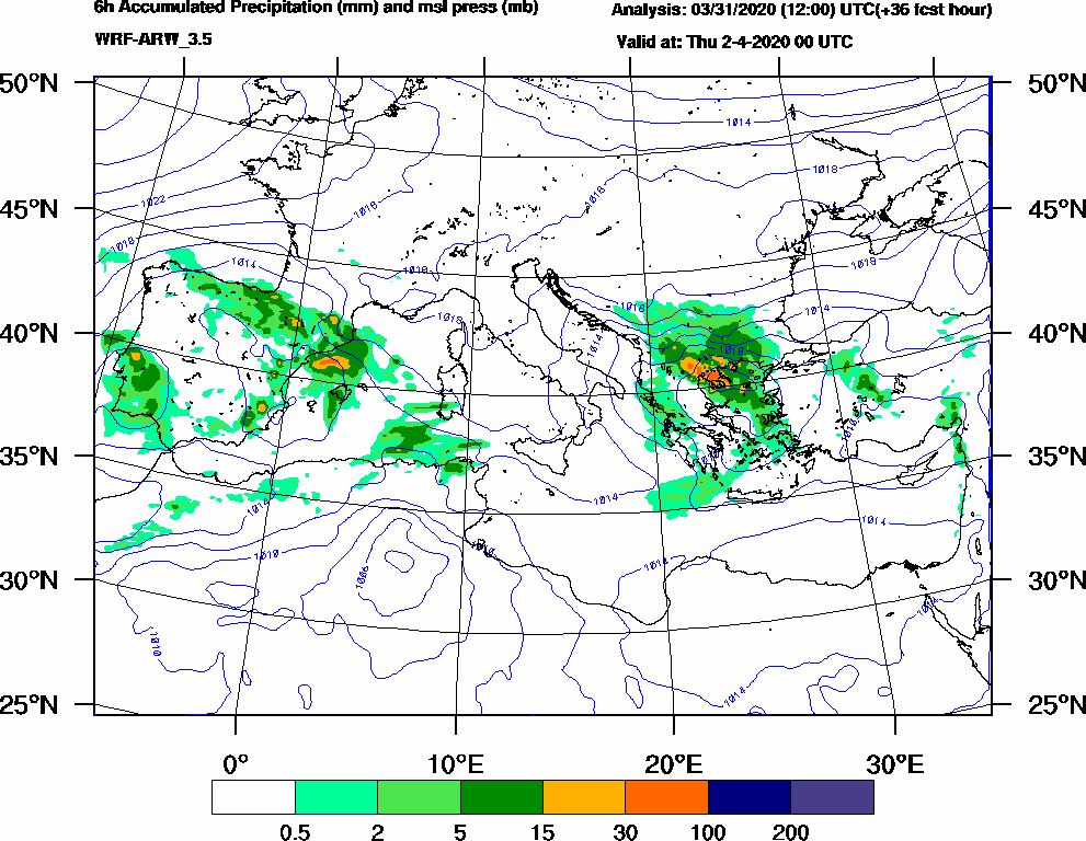 6h Accumulated Precipitation (mm) and msl press (mb) - 2020-04-01 18:00