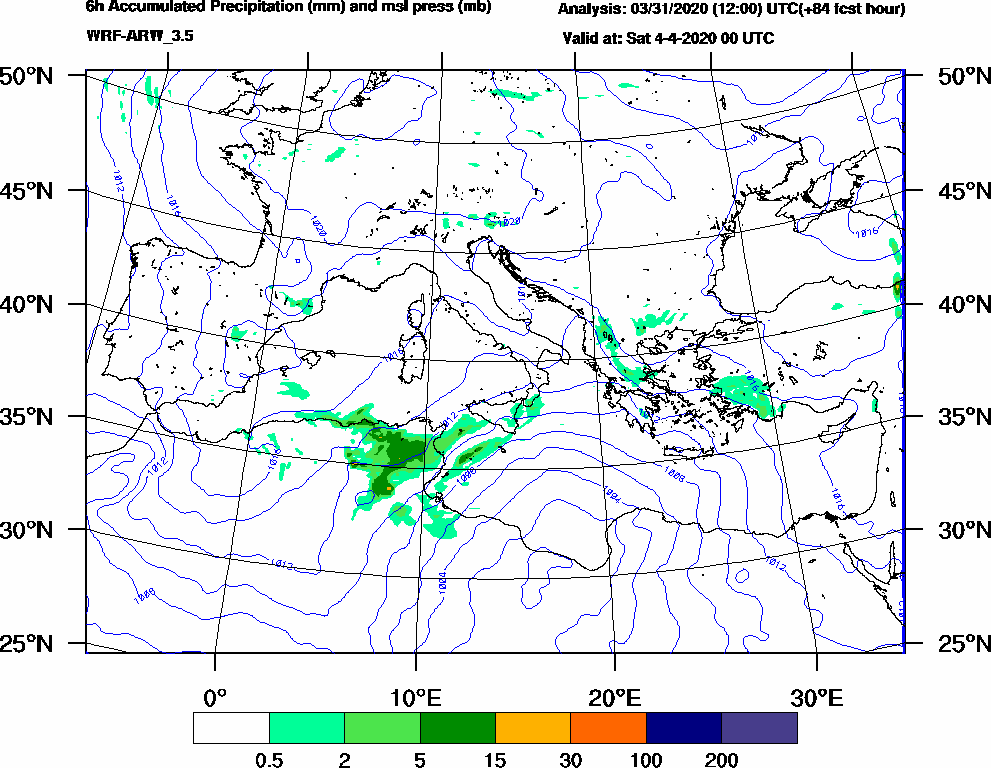 6h Accumulated Precipitation (mm) and msl press (mb) - 2020-04-03 18:00