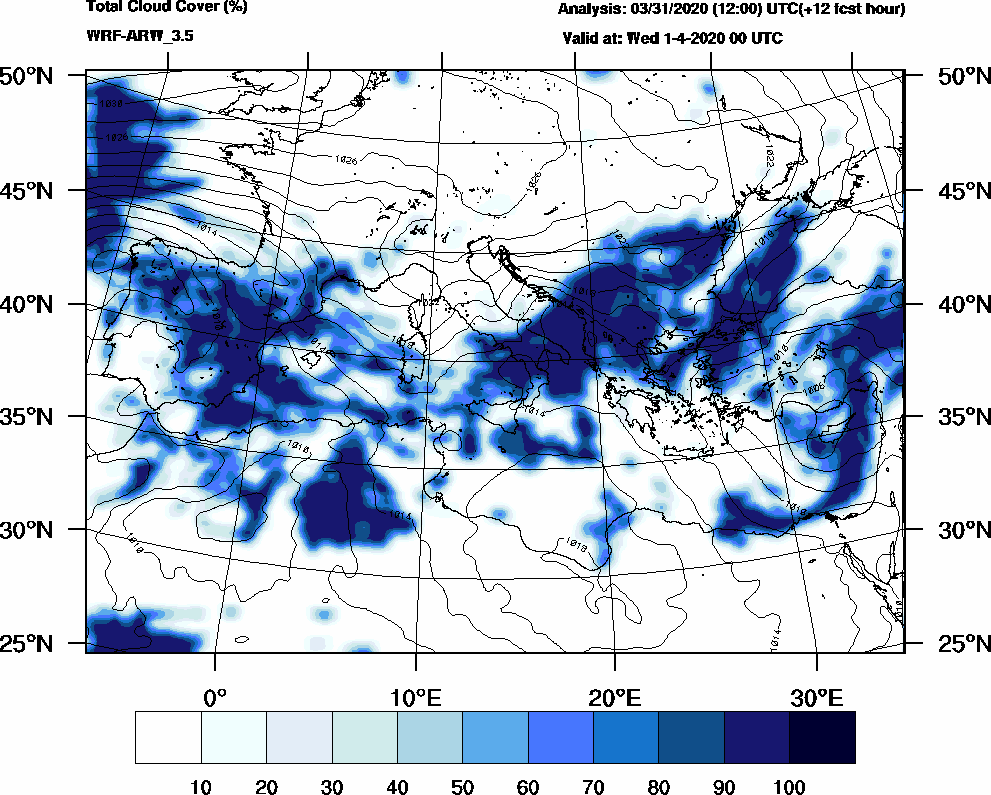 Total cloud cover (%) - 2020-03-31 18:00