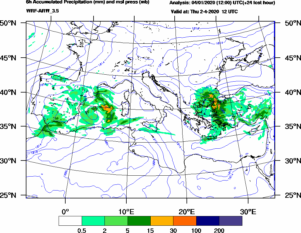6h Accumulated Precipitation (mm) and msl press (mb) - 2020-04-02 06:00