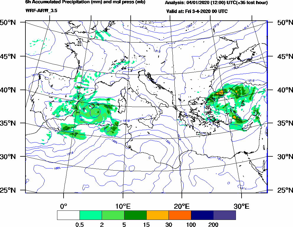 6h Accumulated Precipitation (mm) and msl press (mb) - 2020-04-02 18:00