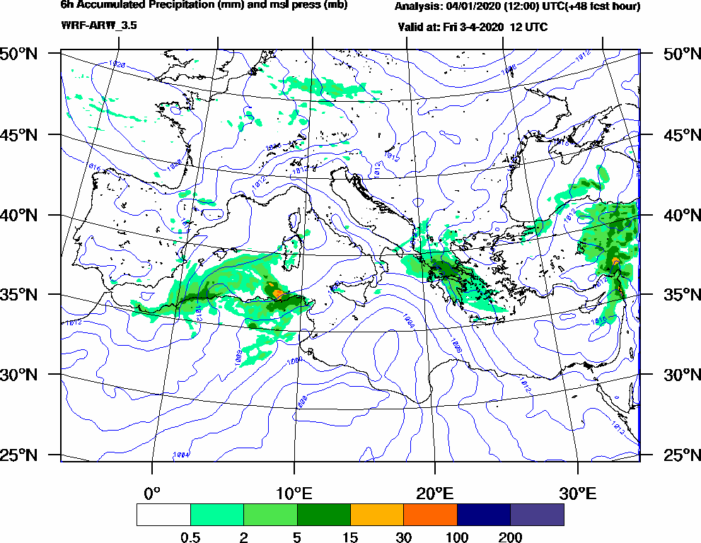 6h Accumulated Precipitation (mm) and msl press (mb) - 2020-04-03 06:00