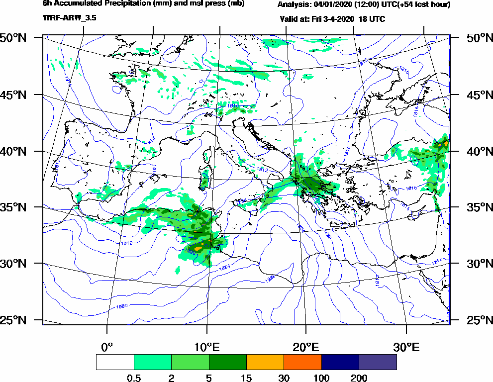 6h Accumulated Precipitation (mm) and msl press (mb) - 2020-04-03 12:00
