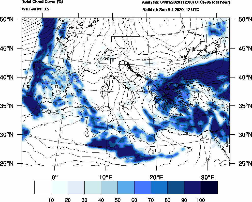 Total cloud cover (%) - 2020-04-05 06:00