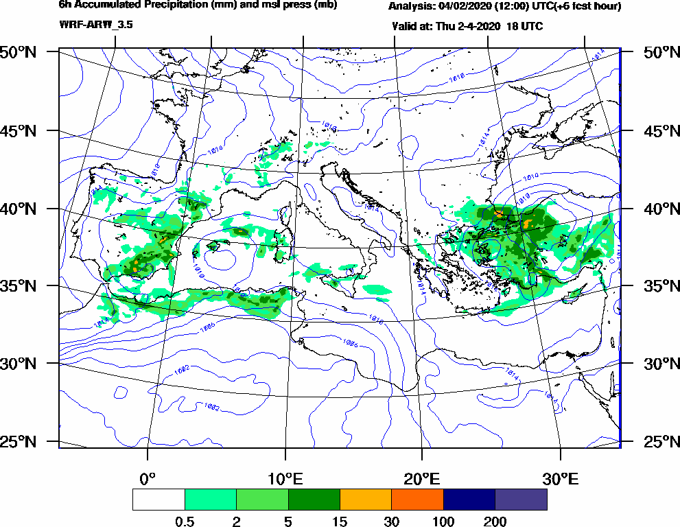 6h Accumulated Precipitation (mm) and msl press (mb) - 2020-04-02 12:00