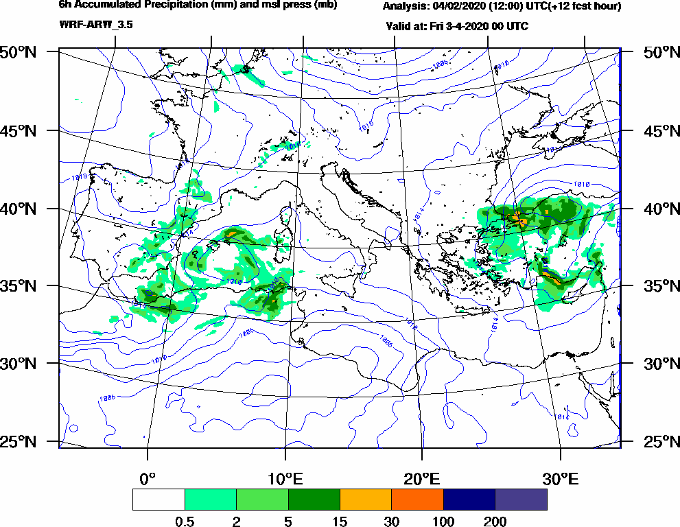 6h Accumulated Precipitation (mm) and msl press (mb) - 2020-04-02 18:00