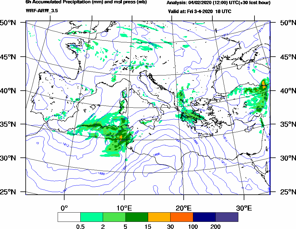 6h Accumulated Precipitation (mm) and msl press (mb) - 2020-04-03 12:00