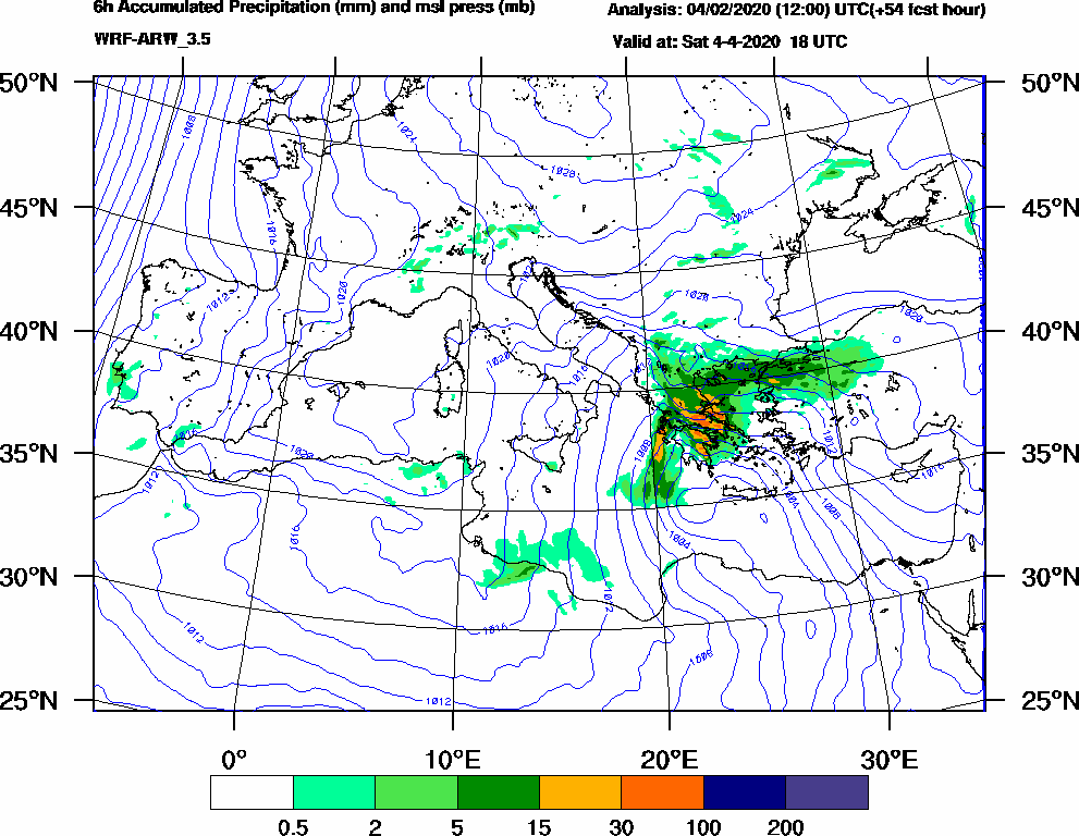 6h Accumulated Precipitation (mm) and msl press (mb) - 2020-04-04 12:00