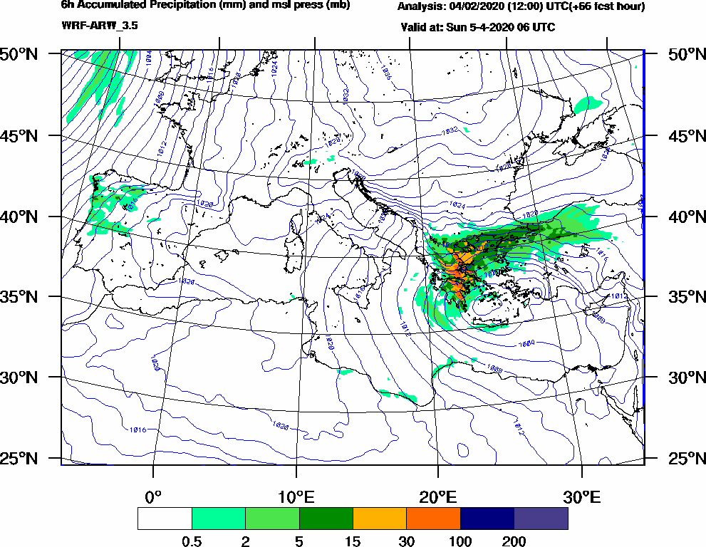 6h Accumulated Precipitation (mm) and msl press (mb) - 2020-04-05 00:00