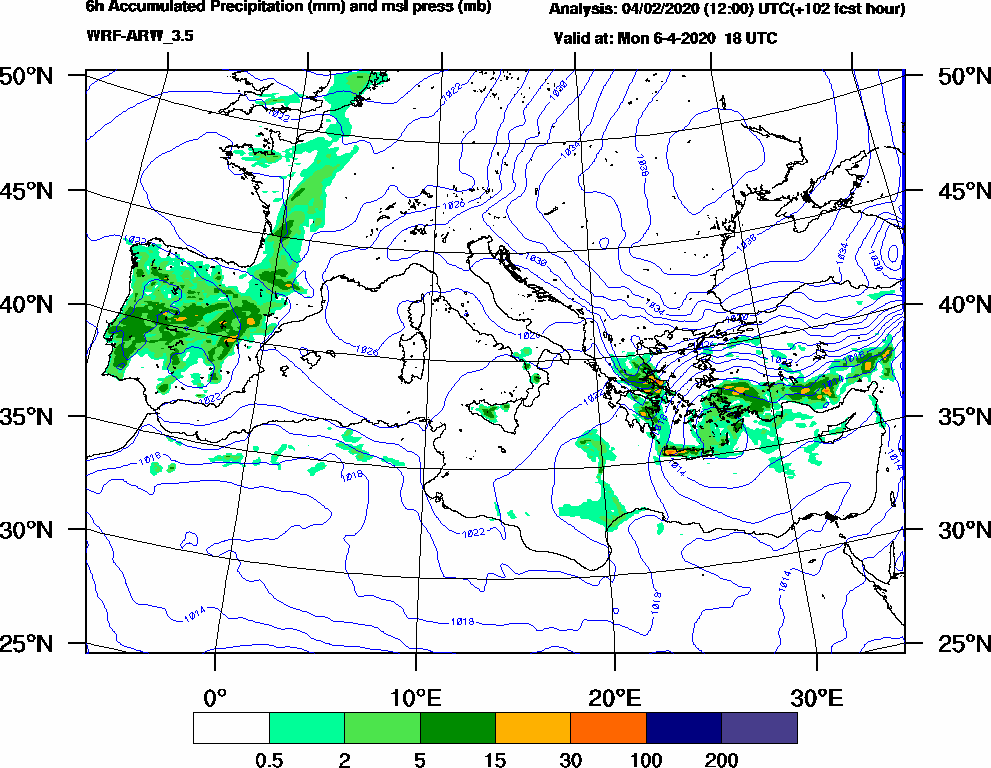 6h Accumulated Precipitation (mm) and msl press (mb) - 2020-04-06 12:00